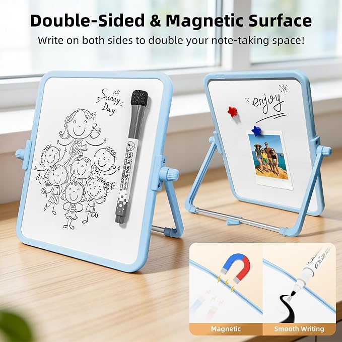 Colorful Dry Erase White Board 6.7x8.4in, Magnetic Desktop Board with Stand, 2 Markers (Eraser Head), 4 Magnets - Double-Sided Easel for Daily Planning, Memo, Office/Home/School (Blue)