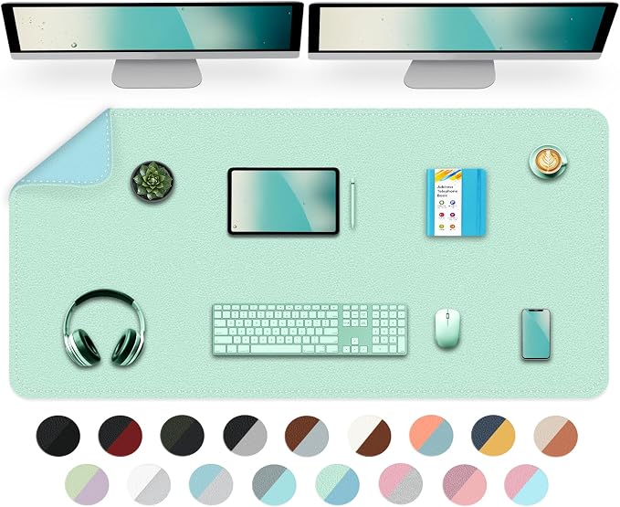 Dual-Sided Desk Mat, Large Pad, Waterproof Smooth PU Leather Blotter Protector, Mouse Pad, Desk Organizers, Office/Home Table Decor for Reading and Writing (Lake Green+Blue, 47.2''23.6'')