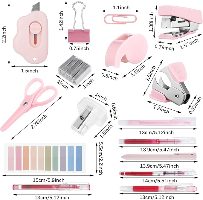 Colarr Mini Office Supply Kit Include Stapler Tape Dispenser Staple Remover Paper Clip Scissor Staple Pen Sharpener Note Small Telescopic Knife for Office Back to School Supplies Student Clerk(Pink)