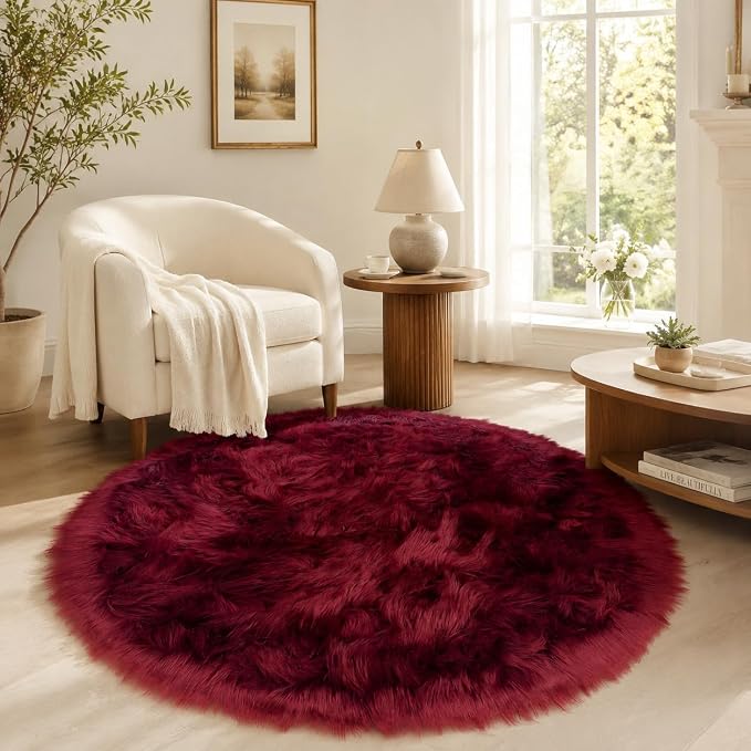 EasyJoy Faux Sheepskin Rug, Fluffy Faux Fur Rug, Ultra Soft Shag Area Rug with Non-Slip Backing for Bedroom, Living Room, Nursery, Kids Room(4 x 4 ft Round, Burgundy)