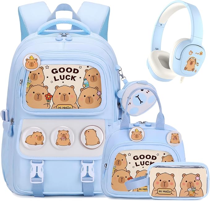 Capybara Backpack for Girls with Headphones - 4PCS Girls Backpack for Kindergarten Elementary Middle High School Travel - 3.5mm Wired Headphones Backpacks Back to School Gift(Blue)