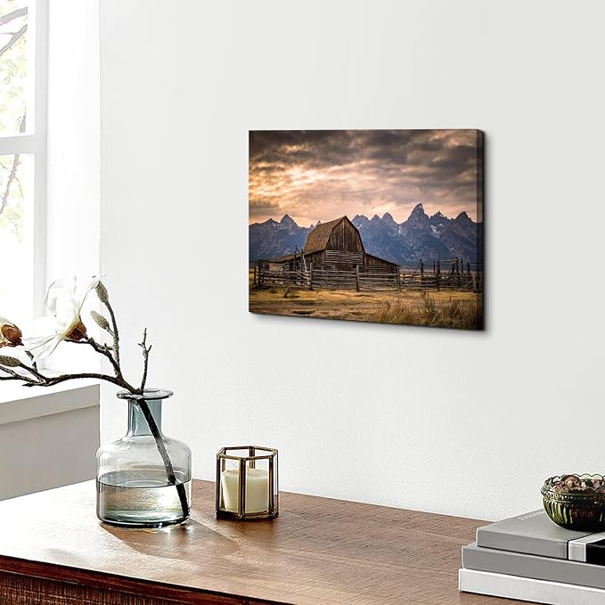 Grand Teton National Park Canvas Wall Art Sunset Moulton Barn Landscape Wall Decor, Wyoming Nature Mountains Scenery Picture Artwork Painting Decoration for Home Living Room Bedroom Kitchen 12x16"
