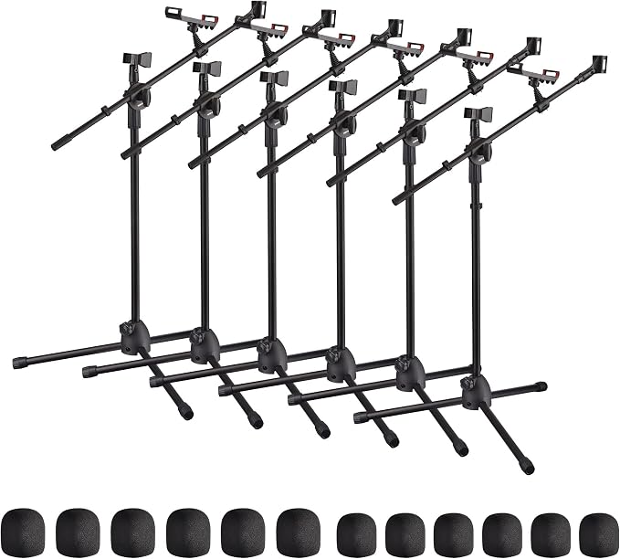 AW 6 Packs Microphone Boom Arm Stand Dual Mic Clips Adjustable Tripod Phone Holder for Performance Singing Wedding Stage and Outdoor