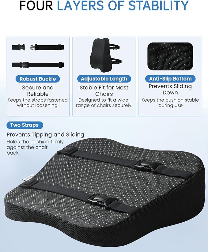 Vekkia Lumbar Support Pillow for Office Chair - Back Support for Car | Lumbar Cushion with Adjustable Straps & Mesh Cover/Lower Back Pain Relief for Office Workers, Drivers, Gamers & Travelers