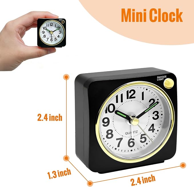 Lamisola Mini Travel Alarm Clock, Small Battery Analog Alarm Clock, Bedside Desk Clocks for Bedrooms, Vintage Home Decor for Bathroom Kichen Office Room, Black