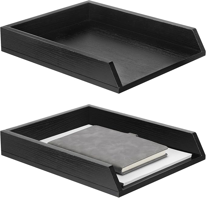 DoubleFill 2 Pcs Wooden Letter Trays 2 Tier Desktop Paper Organizer Wood Letter-Size Desk Document Tray Heavy Duty Stackable Paper Drawer Holder File Folder Back to School Office Home (Black)