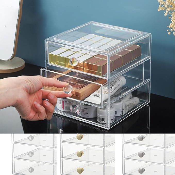 AJIODA Makeup Drawer Organizer Box with 3 Drawers, Acrylic Cosmetic Display Case Vanity Organizer Jewelry Storage Box Stackable Storage for Cosmetics, Skin Care, Bathroom, Countertop, Gold Handle