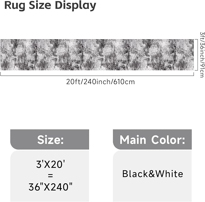 RUUGME Washable Hallway Rug 3x20 - Runner Rug Stain Resistant for Living Room Non Slip Indoor Entryway Rubber Backing Carpet Bedroom Kitchen Distressed Floor Decor Mat Machine Washable 3x20 Black A