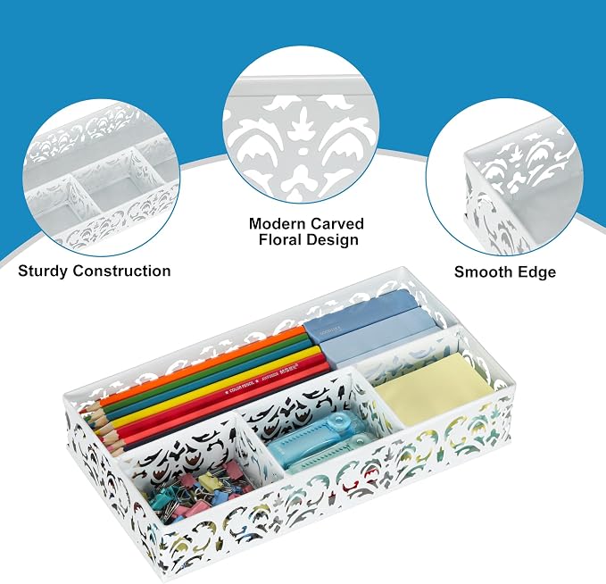 EasyPAG Desk Drawer Organizer with 4 Compartments, Carved Hollow Floral Metal Tray for Office, Jewelry, Cosmetics - No Assembly, White