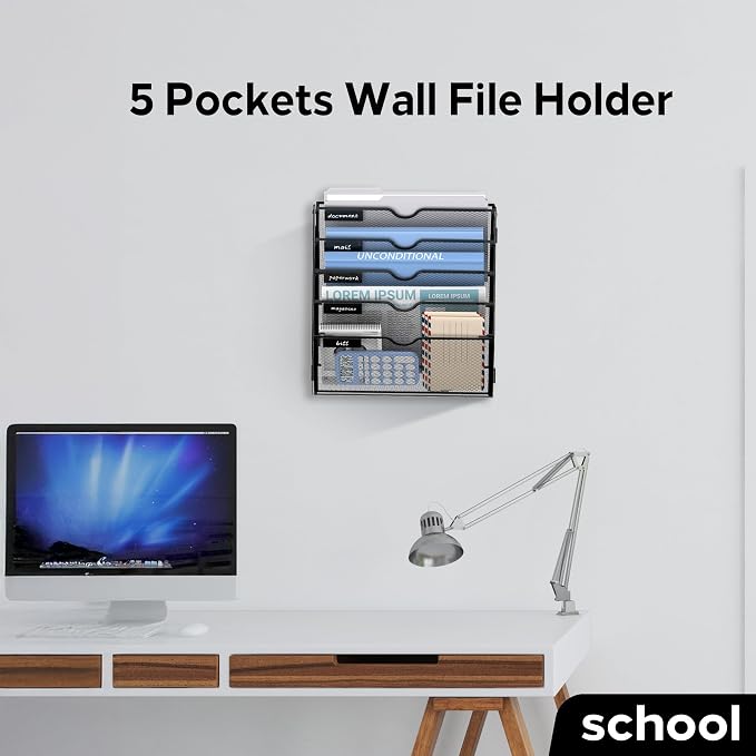 5 Tier Wall Hanging File Organizer, Paper Folder Holder Wall Mounted, Metal Mail Sorter for Office Home School, Black