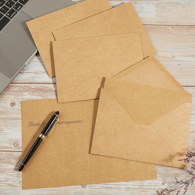 50 Pack Kraft Paper A7 Envelopes with Cards and Gold Stickers, 5x7 | With Thick Folded Cardstock, For Greeting Cards, Wedding, Birthday, Invitations, Baby Showers