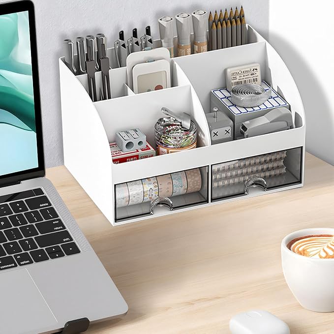 Dfacio Desk Organizer, Desktop Organizers and Accessories with 6 Compartments and 2 Drawers, Aesthetic Desk Accessories for Home, Office, School, White