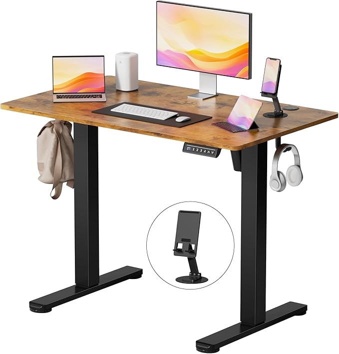 YESHOMY Height Adjustable Electric Standing Desk, 39 x 24 Inches Memory Home Office Sit Stand up Desk with Phone Holder and USB Charging Port, Rustic Brown