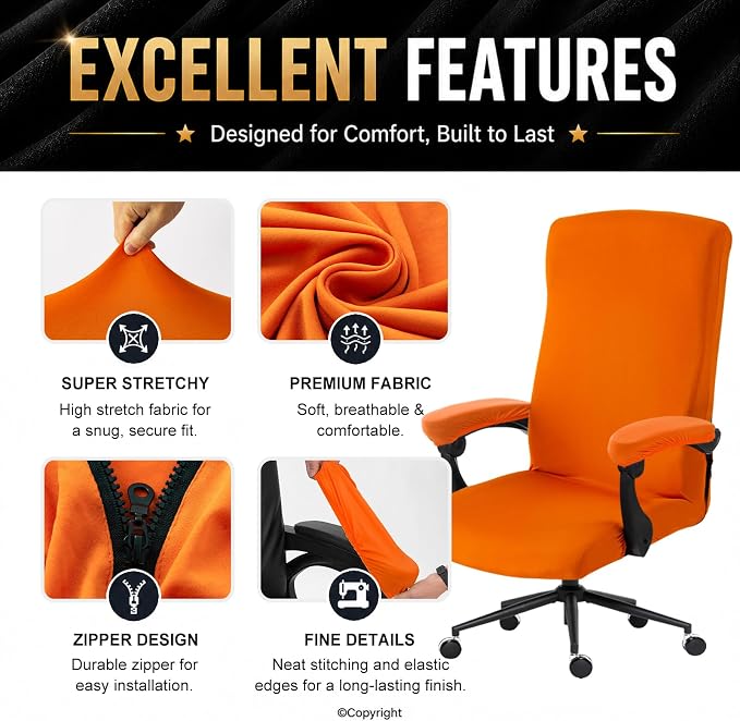 Stretch Computer Office Chair Cover with Armrest Covers Durable Zipper Universal Washable Removable Spandex Rotating Boss Chair Slipcovers Anti-dust Soft Desk Chair Seat Protector, Orange