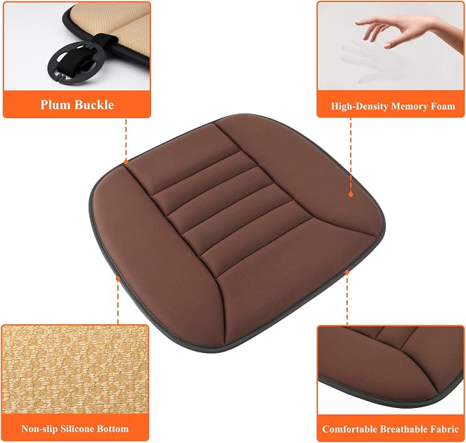 kingphenix Memory Foam Car Seat Cushion for Driver and Office Chair Comfort | 1.2-Inch-Thick Memory Foam Seat Pad, Soft, Breathable Fabric, Non-Slip Silicone Bottom for Long Drives and Office Use, Brown