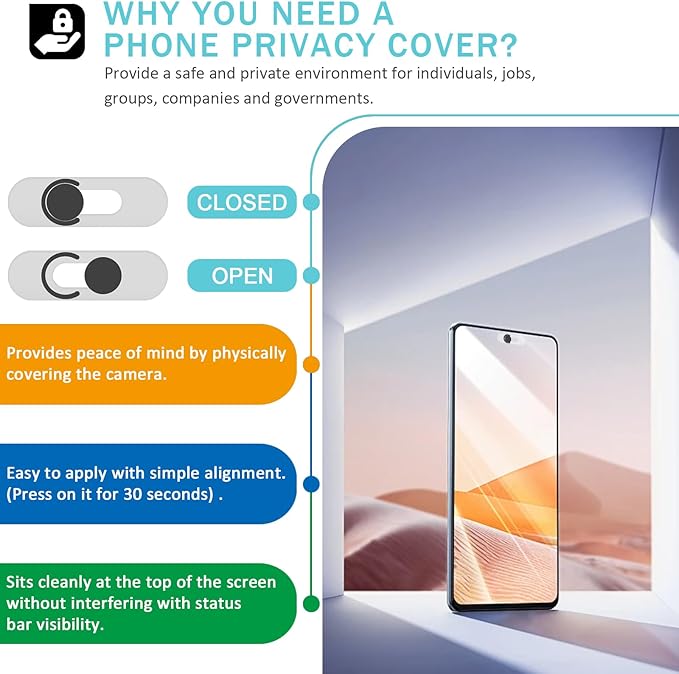 Front Camera Cover Compatible for Android Phones/Pixel/Galaxy/iPad - Webcam Blocker for Single Front Camera, Privacy Slider Protects Your Phone Security-Black