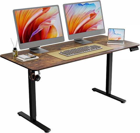 63"x28" Standing Desk, Height Adjustable Sit-Stand Home Office, Brown | Electric Adjustable Standing Desk, Sit to Stand Computer Office Desk with Splice Board, Memory Preset, Lifts 28.7''-46.5"