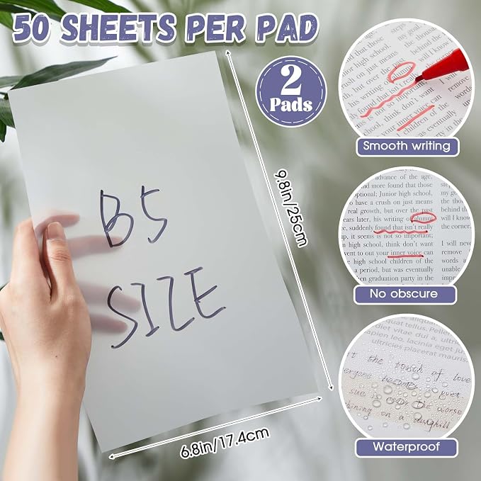 Gueevin 100 Sheets 6.8 x 9.8 Inch Transparent Sticky Notes, Extra Large Clear Self Sticky Notes, 2 Pads Waterproof Jumbo Translucent Paper, Office Supply(Blank Style)