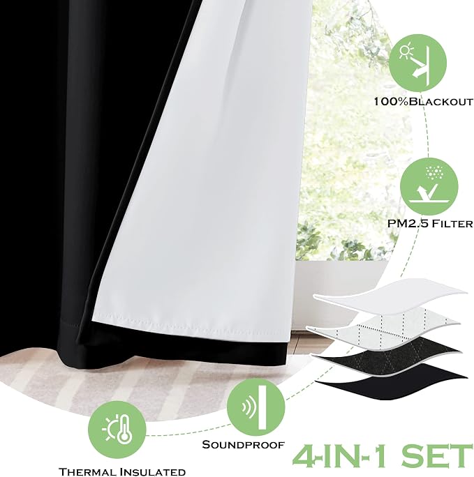 KGORGE 4-in-1 Soundproof Anti Dust 100% Blackout Curtains with Melt-Blown Layer Noise Reducing Thermal Insulating Window Drapes for Bedroom Nursery, W 52 x L 84, Black, 2 Panels