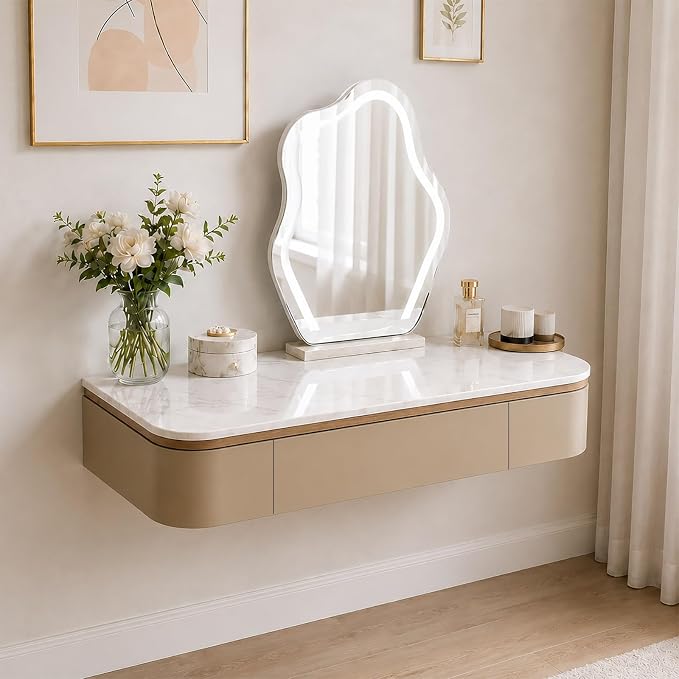 Floating Makeup Vanity Desk With Drawers Wall Mounted Makeup Table With Storage Fully Assembled Floating Vanity Desk Space Saving Modern Dressing Table For Bedroom Closet(Khaki Marble,23.6")