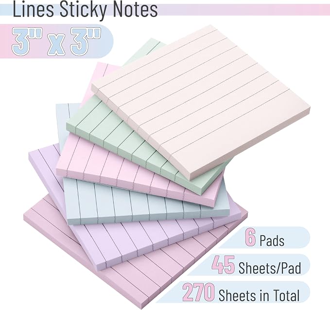 Mr. Pen- Lined Sticky Notes, 3" x 3", 6 Pads, 45 Sheets/Pad, Pastel Color | Sticky Notes with Lines, Ruled Post Stickies, Memo Pads, Self-Stick Note Pad for Office, School, Home, Study