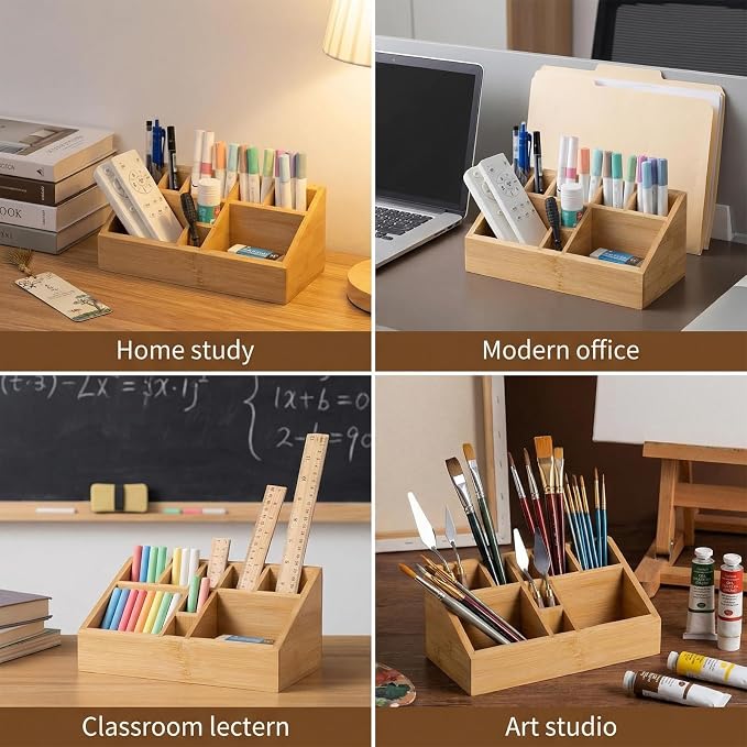2 Pack Bamboo Art Supply Organizer Pen Holder | Wooden Desktop Storage, For Artists, Office Supplies, Makeup Brushes, Minimalist Desk Accessory