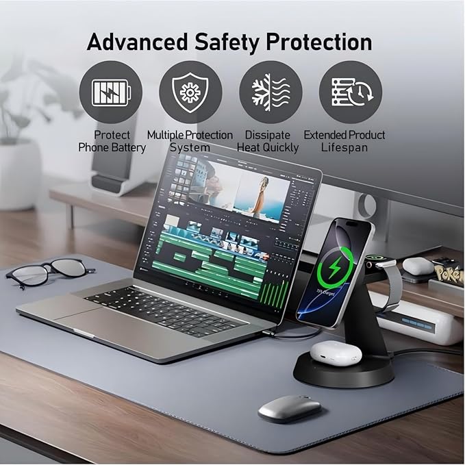 3 in 1 Wireless Charging Station for Apple, 15W Mag-Safe Charger Stand for iPhone17/16/15/14/13/12 Pro/Max/Plus/, Phone Charger Stand for Airpods 4/3/2, Wireless Charger for iWatch Series(Black)