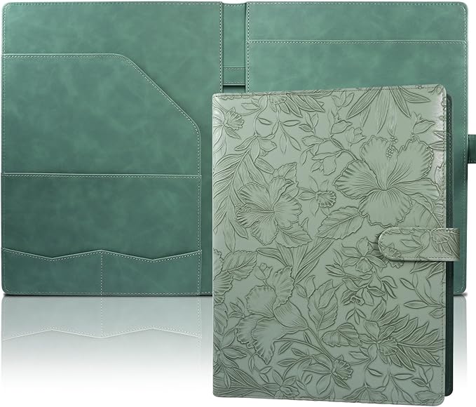 Professional Portfolio Binder, Faux Leather Portfolio Folder Binder, Legal Pad Holder for A4 Letter Size Notepad, Resume, Writing Pad, Ideal Organizer for Business Office Conference, (Green)