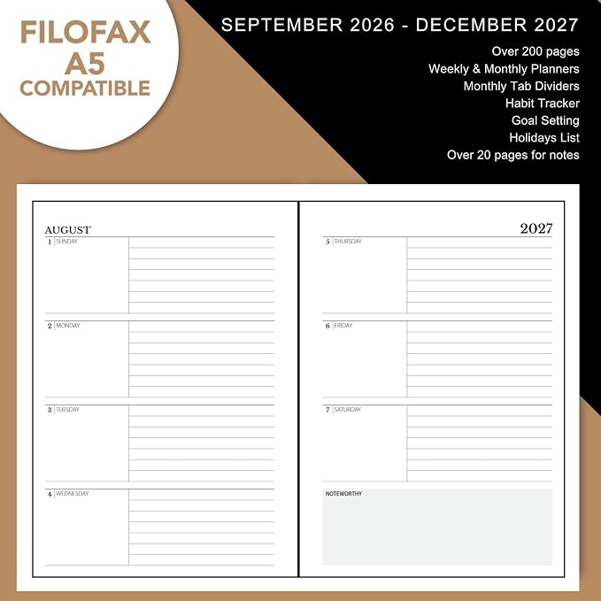 Wanderings 2027 Calendar Planner Inserts - Ivory Color - Thick Monthly Weekly Calendar Refill for A5 6-Ring Binder Planner Compatible with Filofax 8.3 x 5.6 (21 x 14.2cm) Sep 2026 - Dec 2027