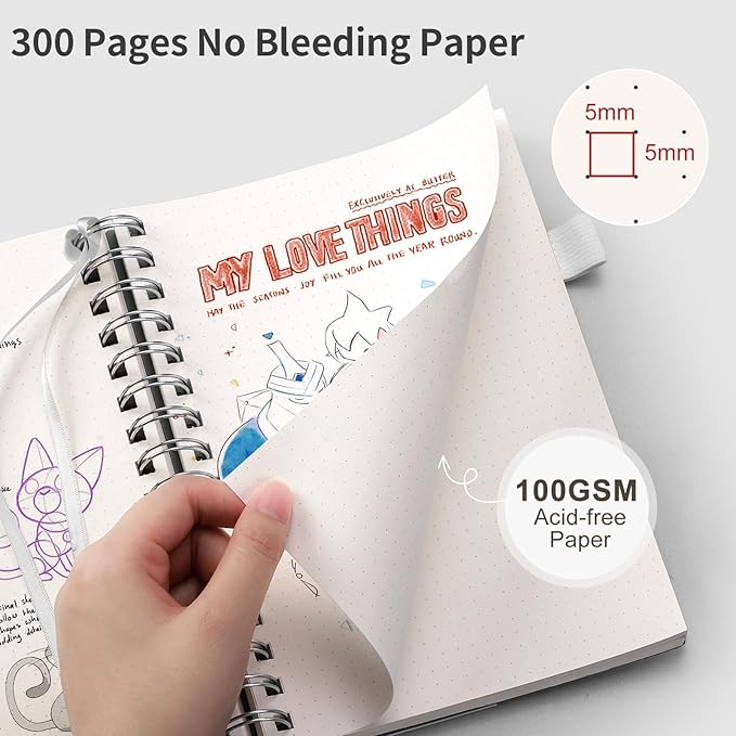 EMSHOI A4 Spiral Notebook Dotted Journal, Dotted Grid Notebook with 300 Pages, 100gsm Thick Paper, Waterproof Softcover Notebook for School Work Writing, 8.27" × 11.2" - Transparent