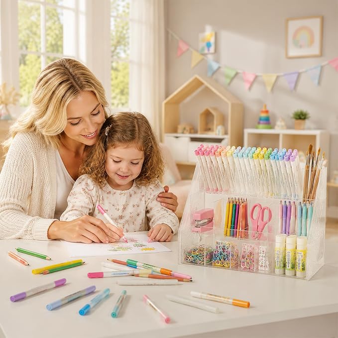 Acrylic Pen Pencil Holder for Desk With 15 Compartment Desk Organizers and Accessories,Durable Material Can Hold Pen Brush Cosmetic Scissor Clip Tape staplers Fit Home Office School(3 Tier)