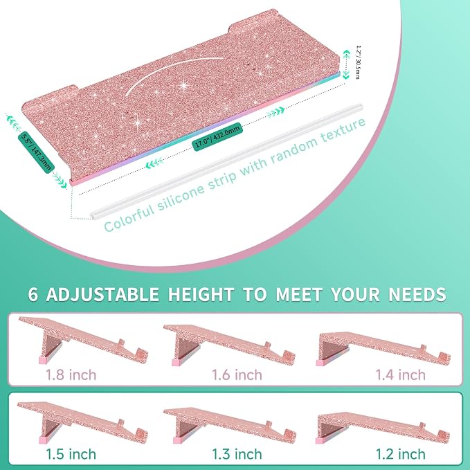 Ergonomic Computer Keyboard Stand - Adjustable Keyboard Riser Tilt Glitter Rose Gold Acrylic Keyboard Tray Non-Slip Elevated Typing Key Board Holder Lift for Home Office Desk Accessories