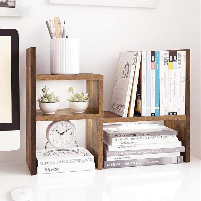 Jerry & Maggie Adjustable Wood Desktop Display Shelf Natural Wood Tone | Wooden Desk Organizer, Cute Dorm & Cubicle Decor. Stores Makeup & Mini Plants, Space-Saving Storage for Small College Rooms