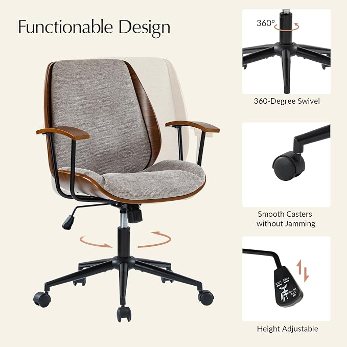 HULALA HOME Solid Wood Office Chair with Tilt Function & Metal Base, Tan | Mid Century Modern Desk Chair with Bent Wood Frame, 360° Swivel Fabric Computer Task Chair, Height Adjustable