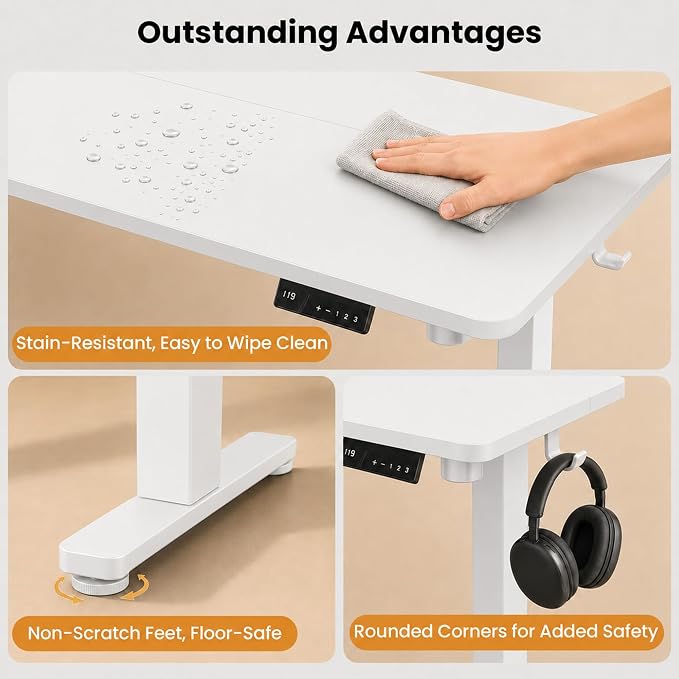 Electric Standing Desk, 40" x 24" Adjustable Height Sit Stand Desk, Small Space Workstation, Compact Computer Desk for Home Office, Stable Steel Frame (White)