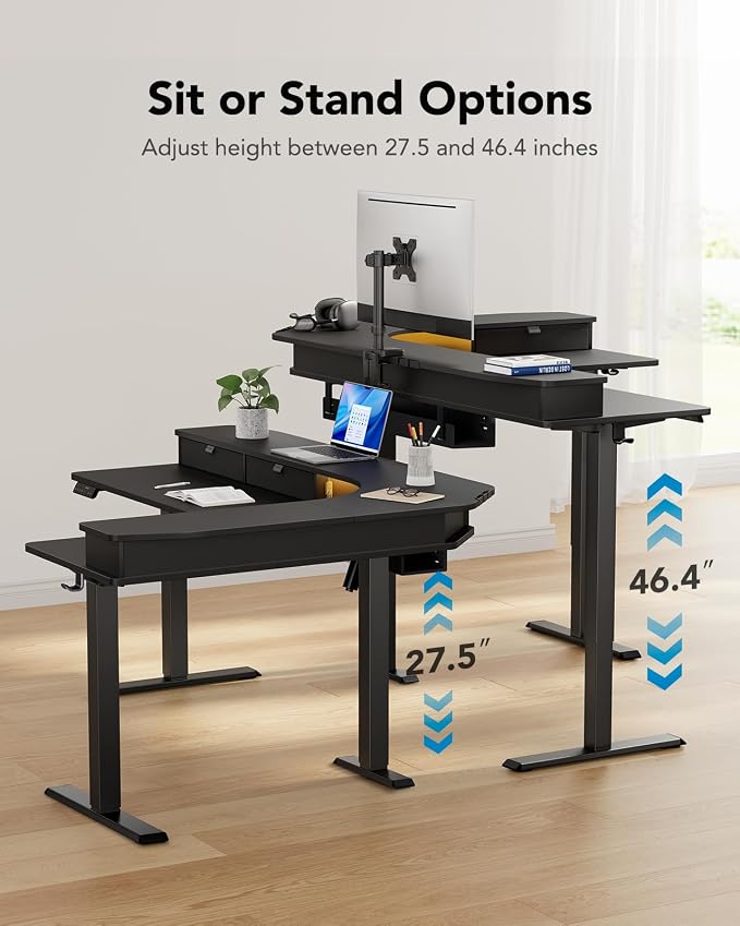 HUANUO 65″ L Shaped Standing Desk with 3 Drawers, Electric Height Adjustable Corner Computer Desk with Power Outlets & LED Strip, Sit Stand Up Desk for Home Office, Black