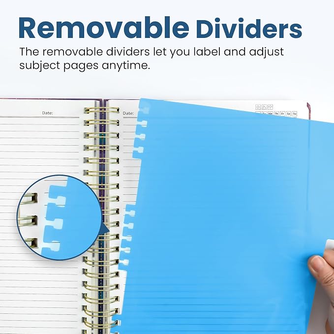 Large Spiral Lined Notebooks for Work with Removable Dividers & Tabs, 8.5"x11" Pretty Hardcover 5 Subject Notebook Journal for Women, College Ruled, Perfect for Study & Office Organization, 280 Pages,Galaxy Flow