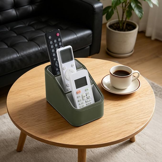 PU Leather Remote Control Holder, Small Desk Organizer Office Supply Bedside Caddy for Nightstand End Table Couch, Pen Remote Organizer with 3 Compartments (Green)