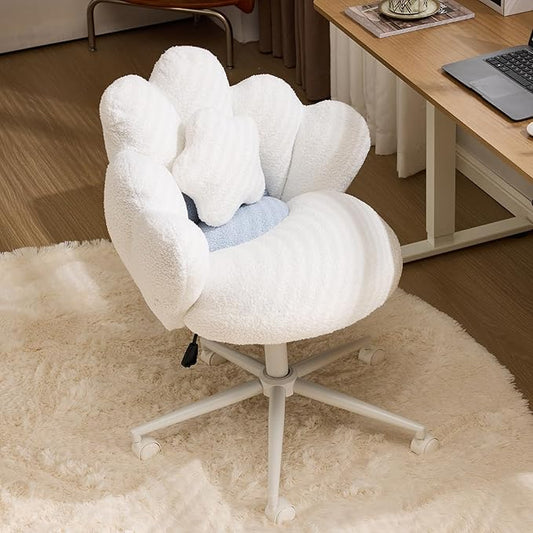 VINGLI Lovely Petal Vanity Desk Chair with Star Pillow, Height Adjustable Armless Swivel Chair in Vibrant Color-Blocking, Modern Computer Task Chair for Bedroom & Home Office, Teddy Fleece,White