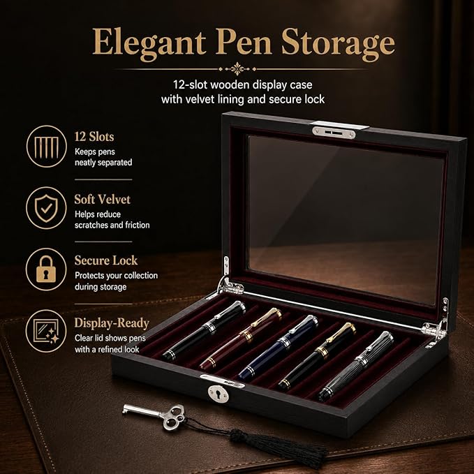 12-Slot Wooden Fountain Pen Case, Elegant Velvet Lined Pen Display Case with Secure Lock & Clear Lid, 12.6 x 8.7 x 1.8 in for Fountain Pens, Executive Pens, Black