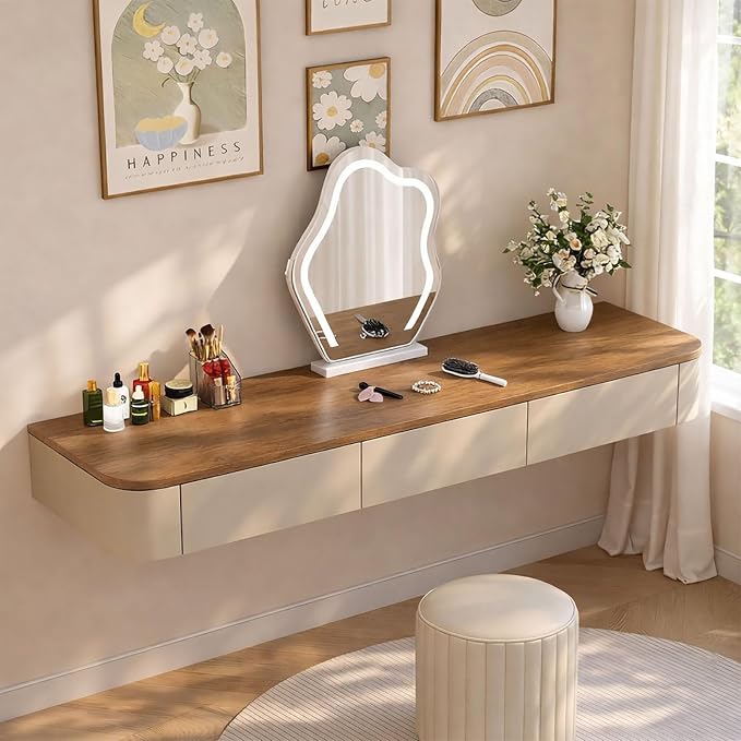 Floating Makeup Vanity Desk With Drawers Wall Mounted Makeup Table With Storage Fully Assembled Floating Vanity Desk Space Saving Modern Dressing Table For Bedroom Closet(Walnut Khak,47.2")