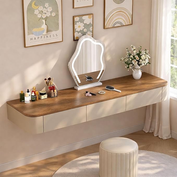 Floating Makeup Vanity Desk with Drawers Wall Mounted Makeup Table with Storage Fully Assembled Floating Vanity Desk Space Saving Modern Dressing Table for Bedroom Closet(Walnut Khak,63")