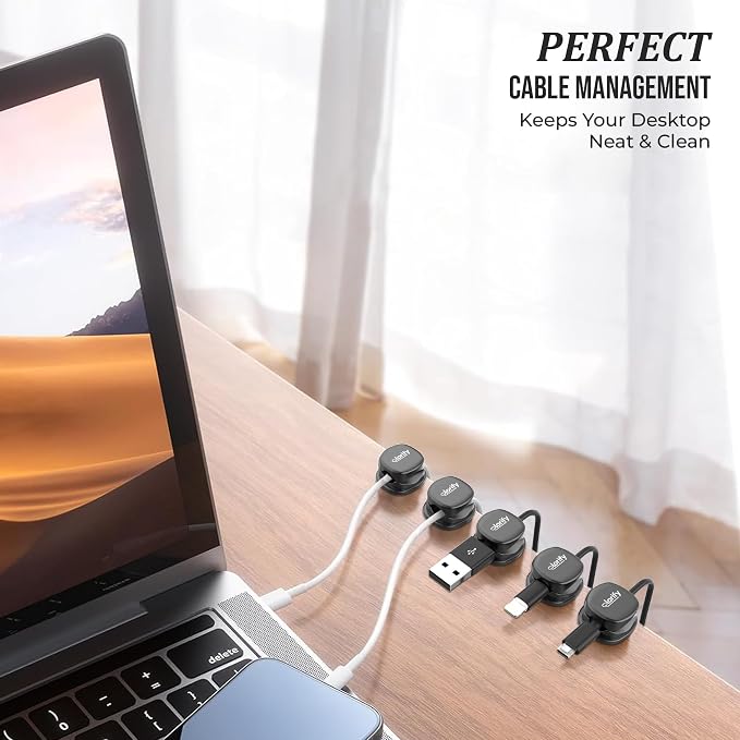 12 Pack Rotatable Spring Cable Clips, Adhesive Cord Organizer for | Charging Cords, Phone Charging Clips, Laptop, Nightstand & Desk Cable Management for Home & Office Use (Black)