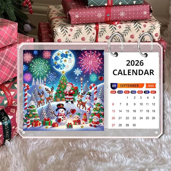 2026 Standing Desk Calendar DIY Diamond Art Painting Monthly Flip Desktop Calendar Mosaic Kits Acrylic Tabletop Calendars Diamond Art Craft Supplies Planner for Office Home Decor-Christmas