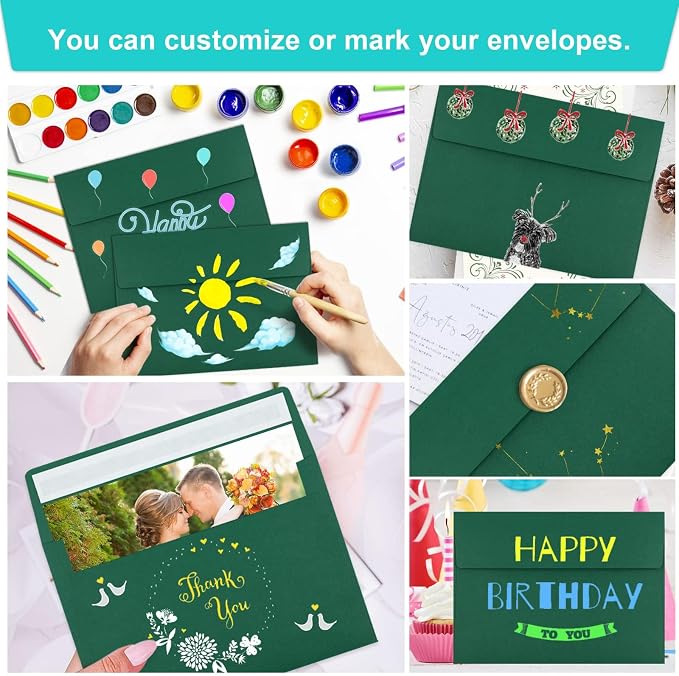 65 Packs 4x6 Envelopes A4 for Invitations, Printable Envelope Self Seal For Weddings, Invitations, Photos, Greeting Cards, Mailing (Dark Green)