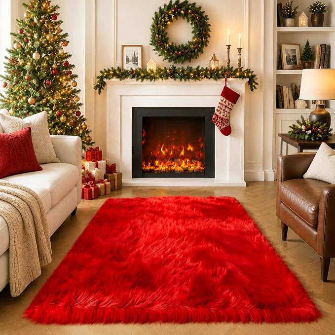 EasyJoy Ultra Soft Faux Fur Rug Fluffy Sheepskin Rug for Bedroom Living Room Sofa Bedside Floor(4 x 6 ft Rectangle, Red)