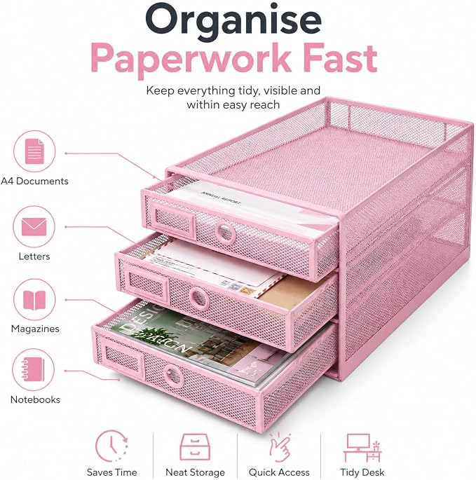 EXERZ Paper Sorter 3 Drawer Wire Mesh A4 / Desk Multifunctional Desk Organiser/Multi-Layer Letter Tray - for Documents, Magazines, Notebooks and Letter