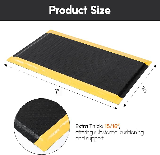 Anti Fatigue Mats Industrial 3' x 7' 15/16" Thick Ergonomic Standing Mat Commercial Kitchen Mat Heavy Duty Diamond Plate Shop Floor Mat Helps Relieve Back and Leg Soreness