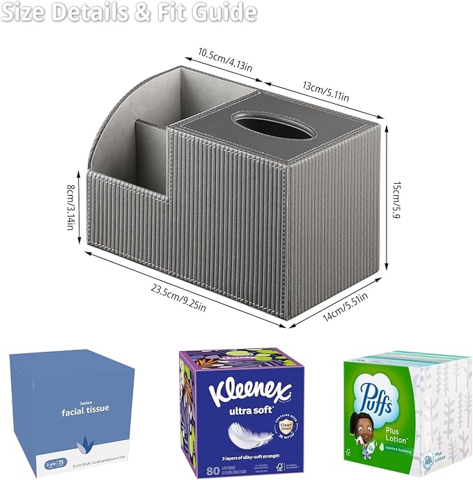Square Tissue Box Cover with Storage, PU Leather Facial Cube Tissue Holder | TV Remote Control Holder, Desk Accessories Nightstand Organizer, Modern Table Caddy for Bathroom, Bedroom, Home, Office Decor