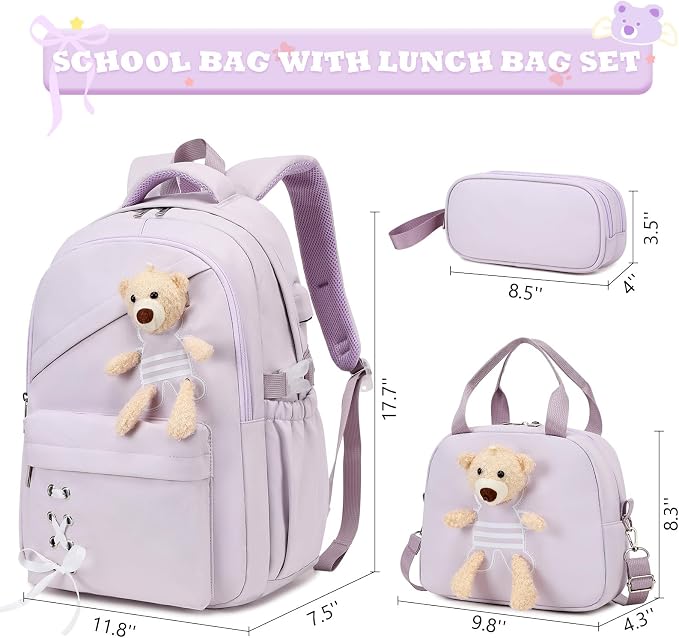 ACESAK School Backpack for Girls - 3 PCS Cute Girls Backpack with Lunch Box & Pencil Case - Kawaii Casual Kids Bookbag School Bag Daypacks Set for Elementary Middle High School Student Teens (Purple)